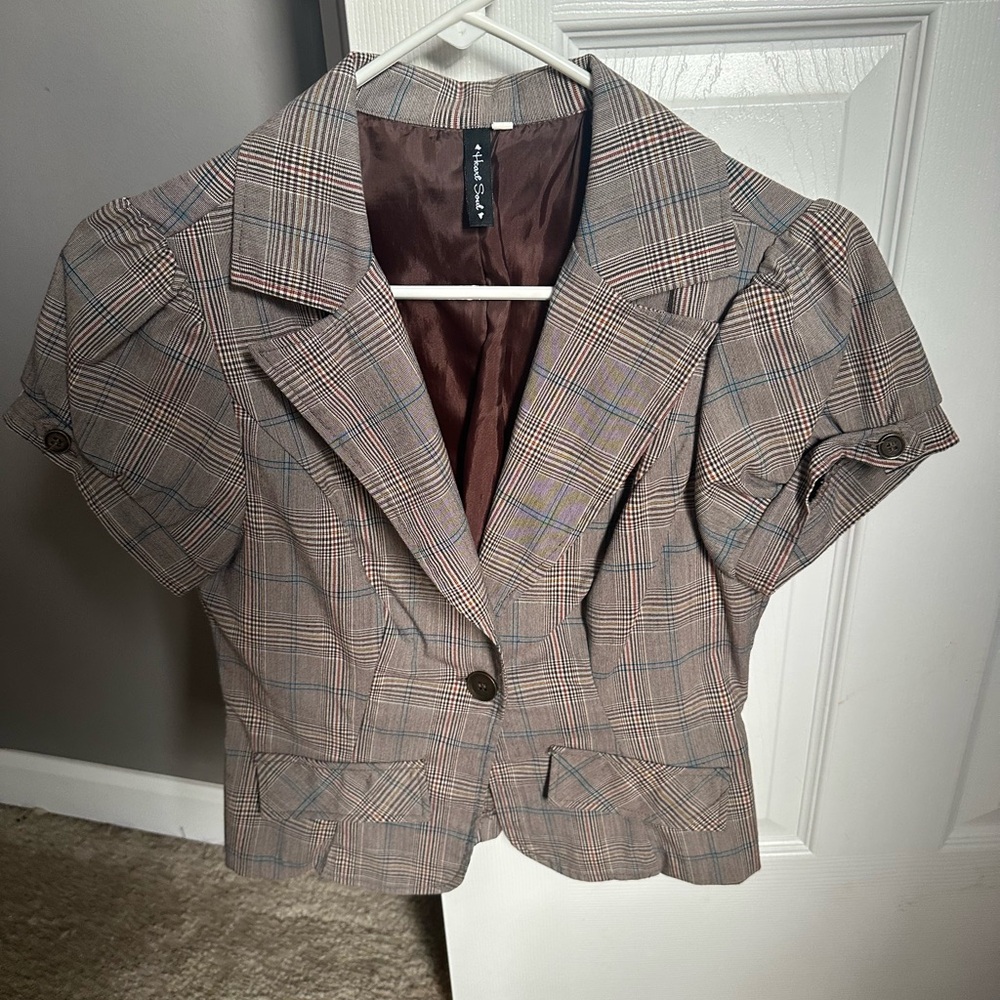 Plaid Short Sleeve Cropped Blazer